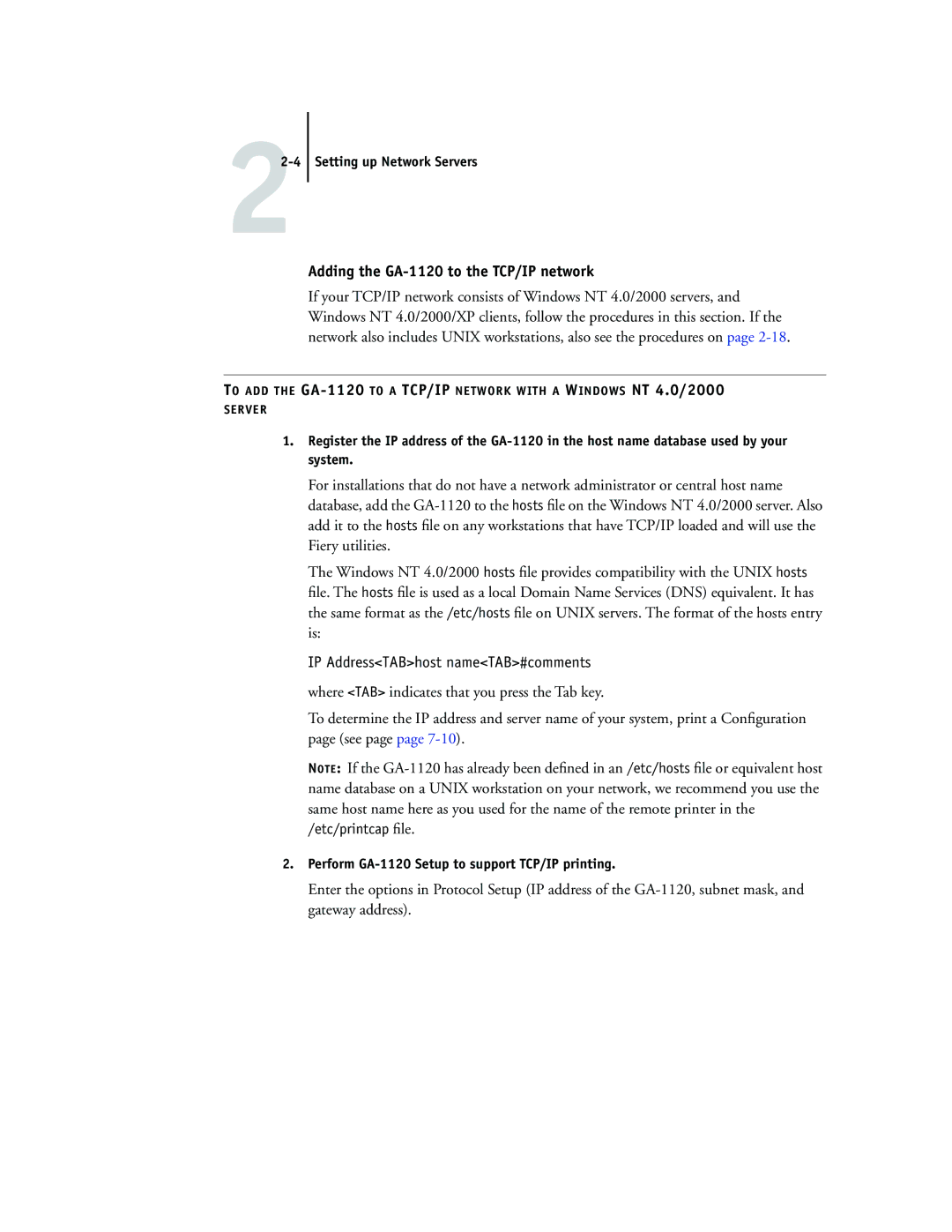 Toshiba manual Adding the GA-1120 to the TCP/IP network, Perform GA-1120 Setup to support TCP/IP printing 