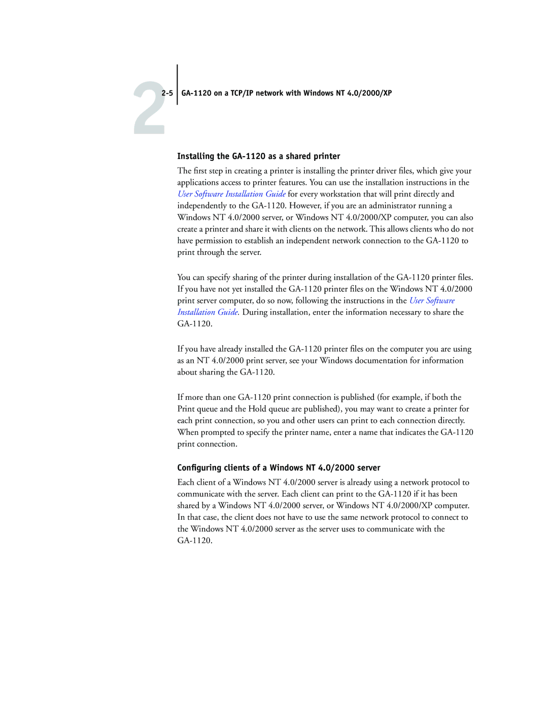 Toshiba manual Installing the GA-1120 as a shared printer, Conﬁguring clients of a Windows NT 4.0/2000 server 