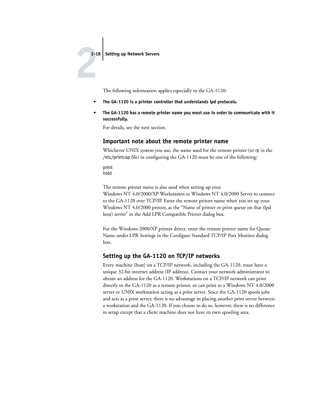 Toshiba manual Important note about the remote printer name, Setting up the GA-1120 on TCP/IP networks 