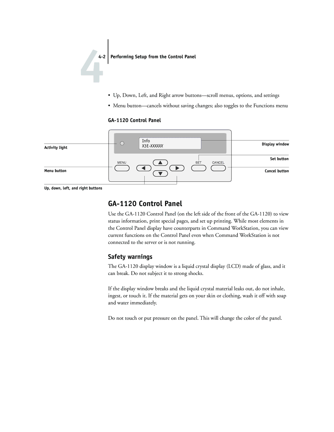 Toshiba manual GA-1120 Control Panel, Safety warnings, Performing Setup from the Control Panel 