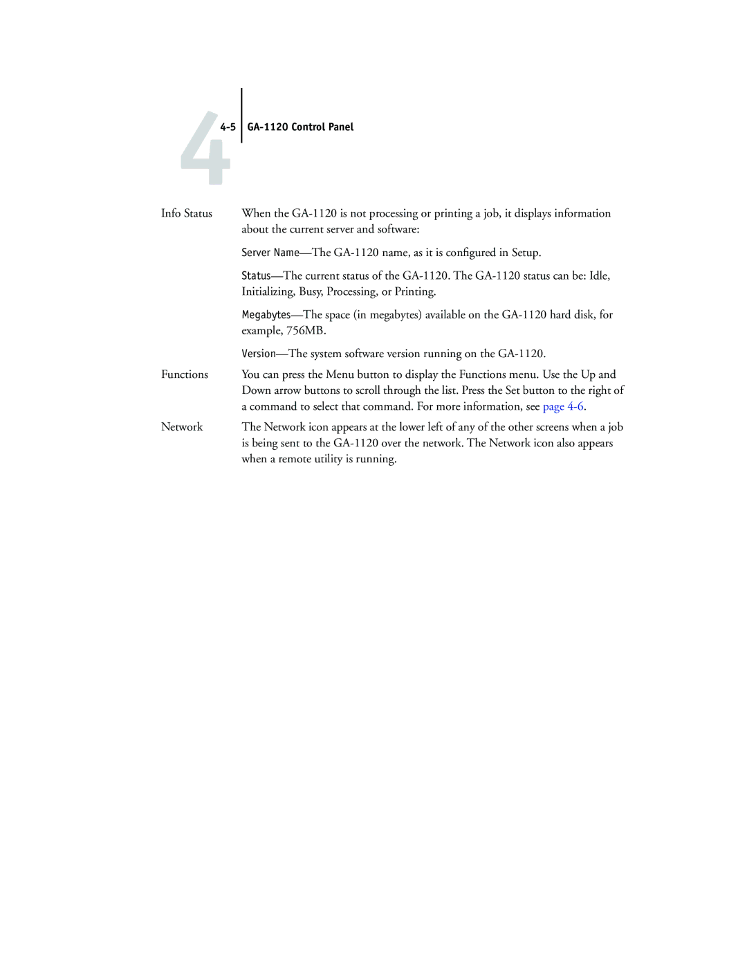 Toshiba manual Example, 756MB, Version-The system software version running on the GA-1120, Functions, Network 