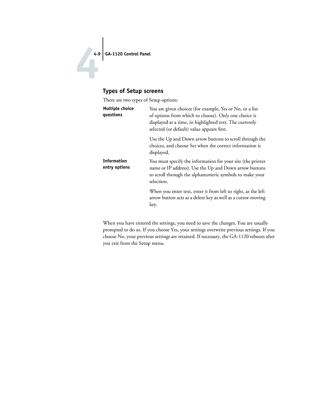 Toshiba manual Types of Setup screens, There are two types of Setup options, 44-9 GA-1120 Control Panel 