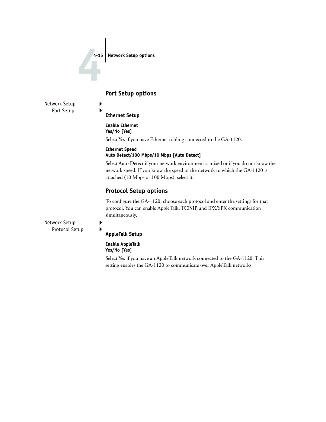 Toshiba GA-1120 manual Port Setup options, Protocol Setup options, Ethernet Setup, AppleTalk Setup 