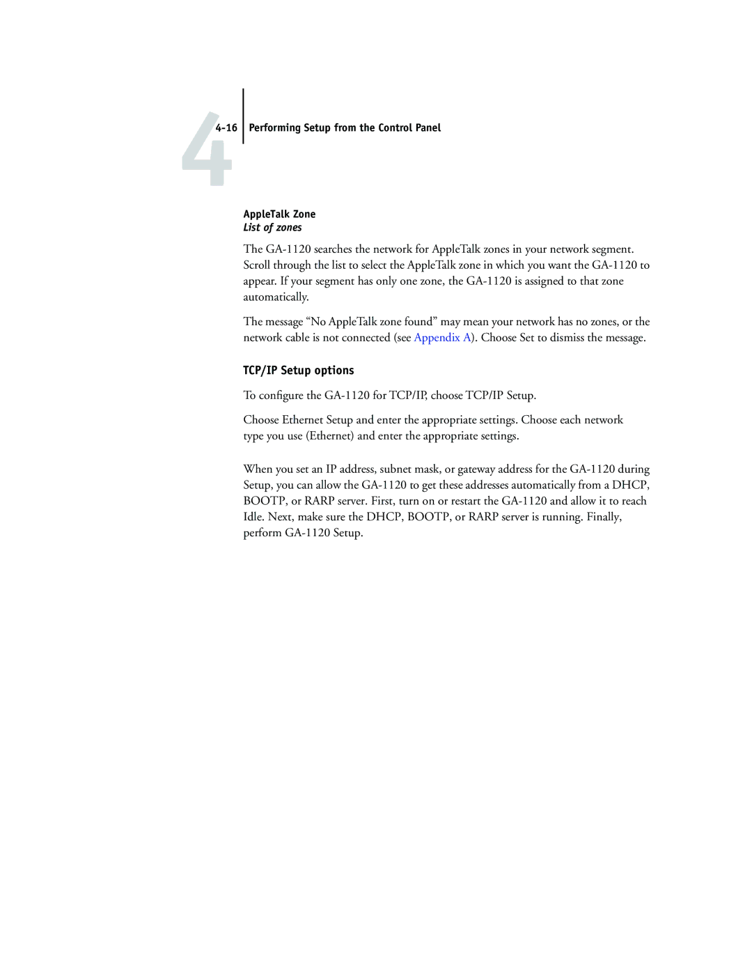 Toshiba GA-1120 manual TCP/IP Setup options, Performing Setup from the Control Panel AppleTalk Zone 