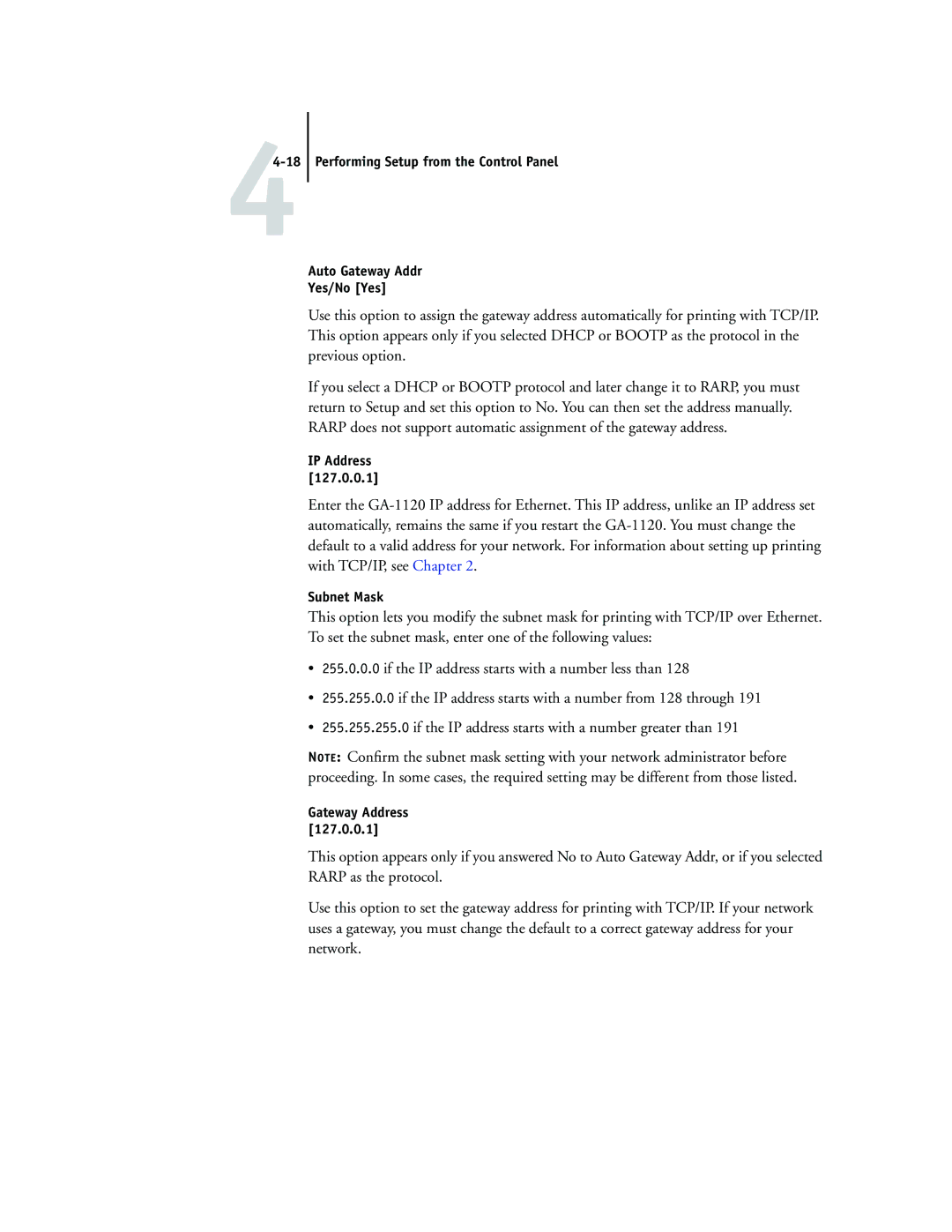 Toshiba GA-1120 manual IP Address, Subnet Mask 