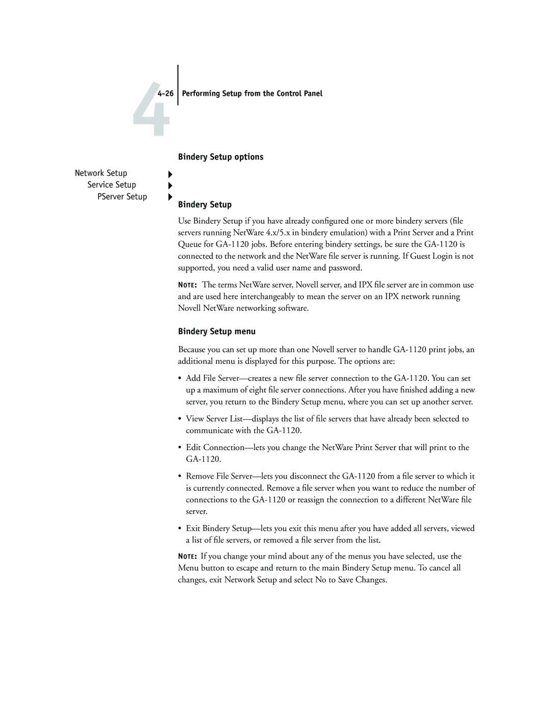 Toshiba GA-1120 manual Bindery Setup options, Bindery Setup menu 