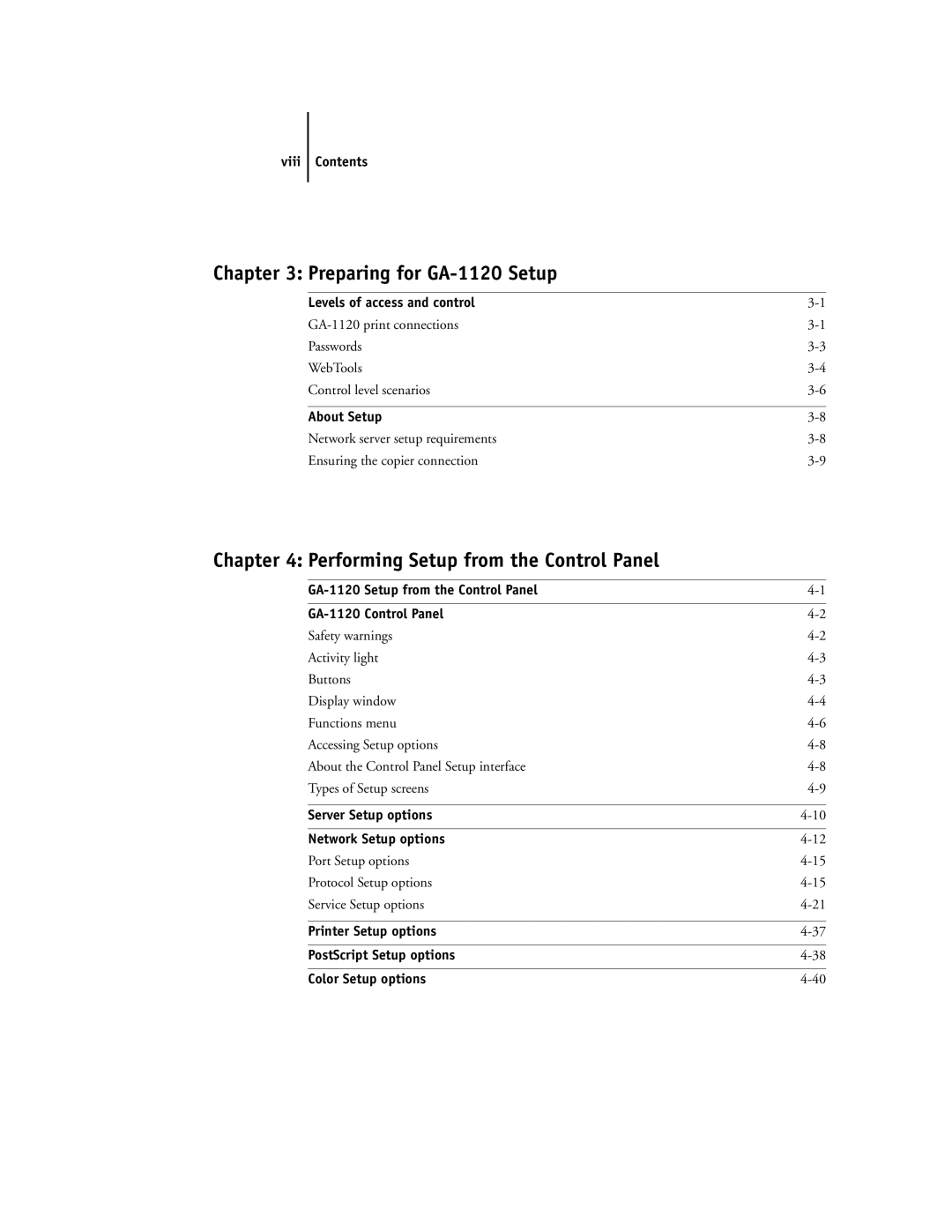 Toshiba GA-1120 manual Viii Contents, Levels of access and control, About Setup, Server Setup options Network Setup options 