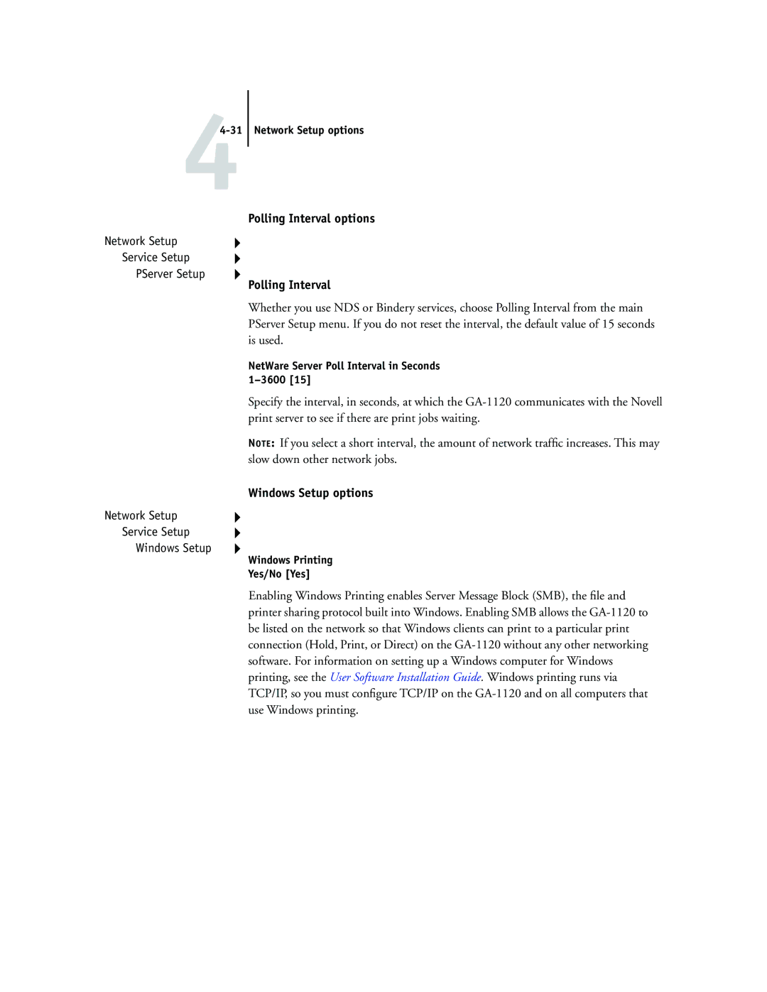 Toshiba GA-1120 manual Polling Interval options, Windows Setup options, NetWare Server Poll Interval in Seconds 1-3600 