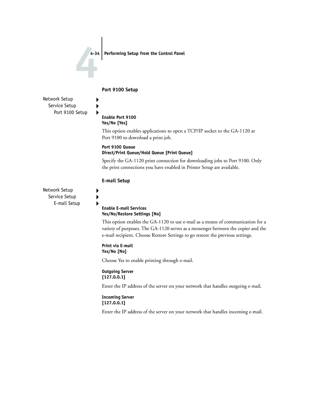 Toshiba GA-1120 manual Port 9100 Setup, Mail Setup, Choose Yes to enable printing through e-mail 