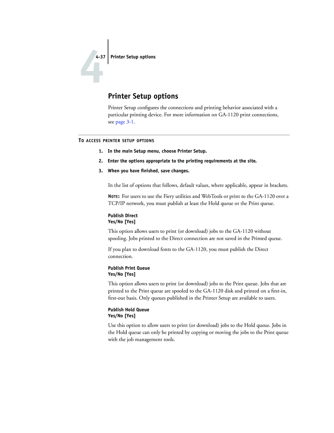 Toshiba GA-1120 manual Printer Setup options 