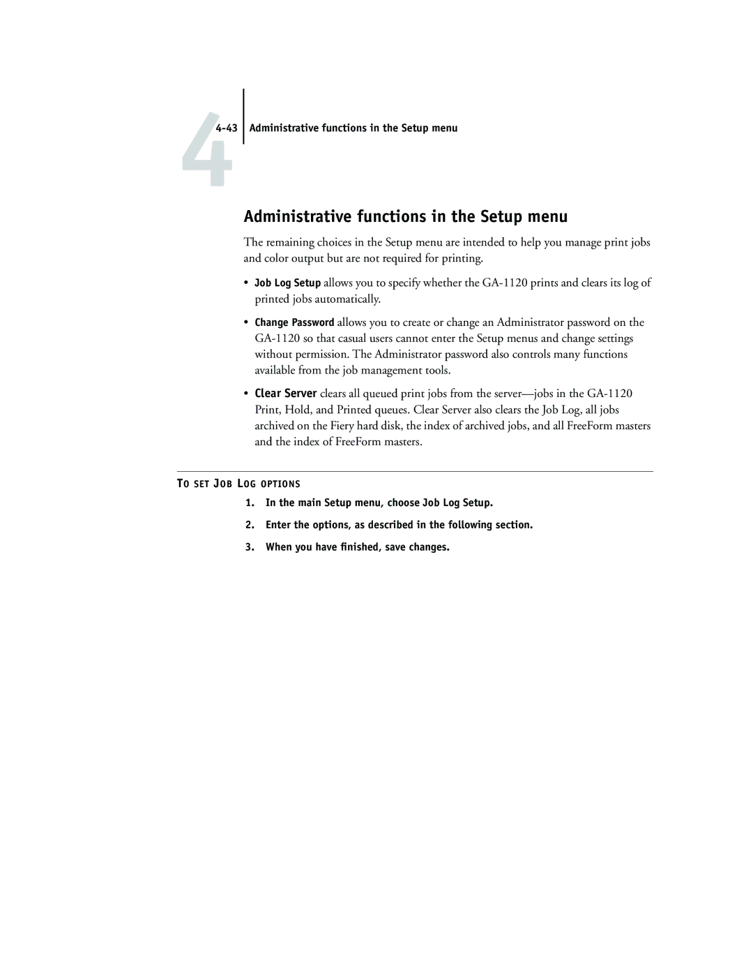 Toshiba GA-1120 manual Administrative functions in the Setup menu 