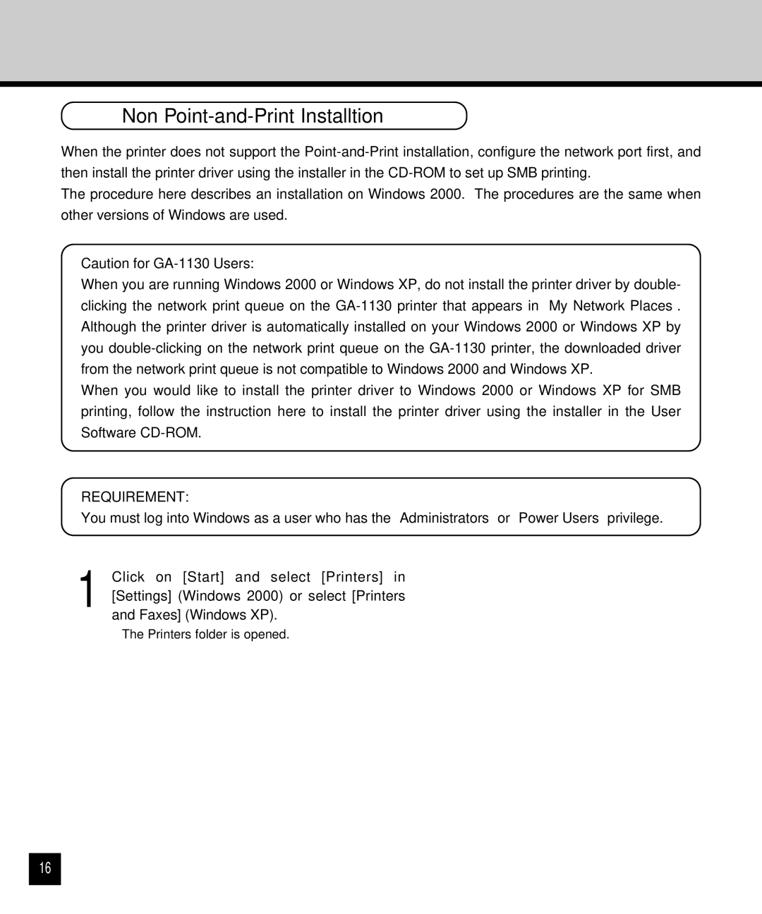 Toshiba GA-1120 setup guide Non Point-and-Print Installtion, Requirement 