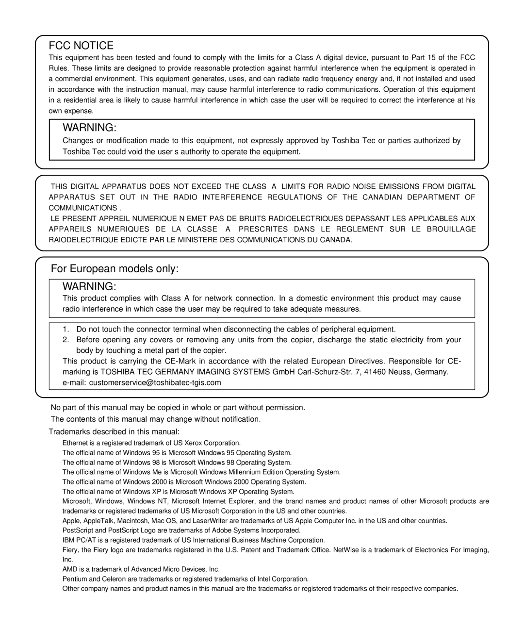 Toshiba GA-1120 setup guide FCC Notice, For European models only 