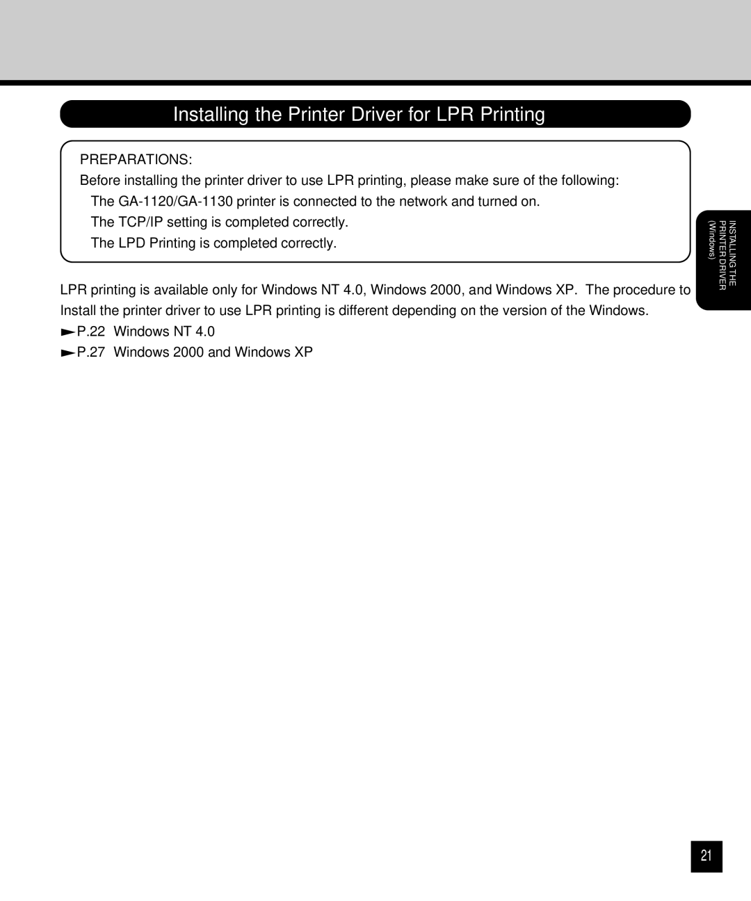 Toshiba GA-1120 setup guide Installing the Printer Driver for LPR Printing 