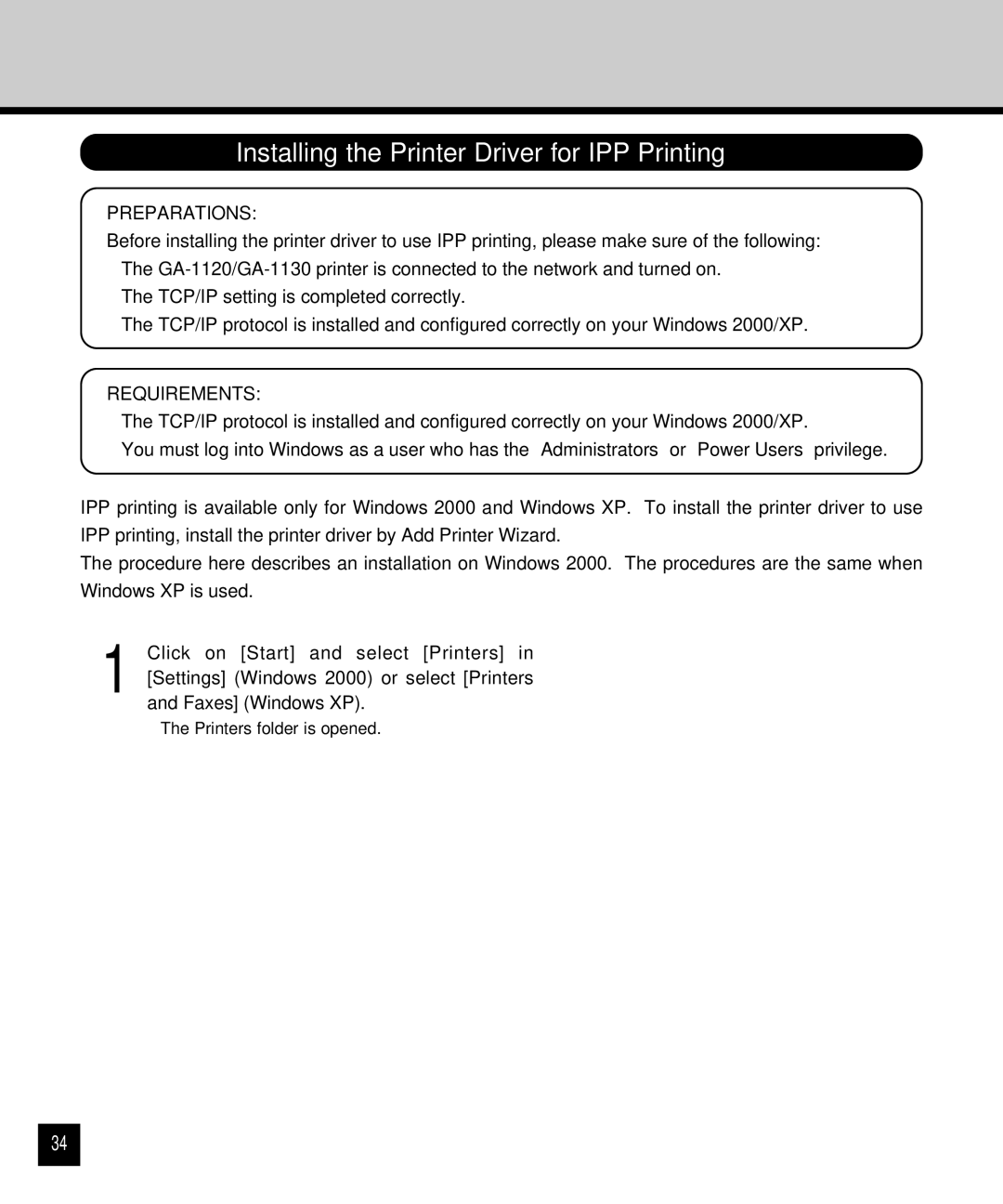 Toshiba GA-1120 setup guide Installing the Printer Driver for IPP Printing 