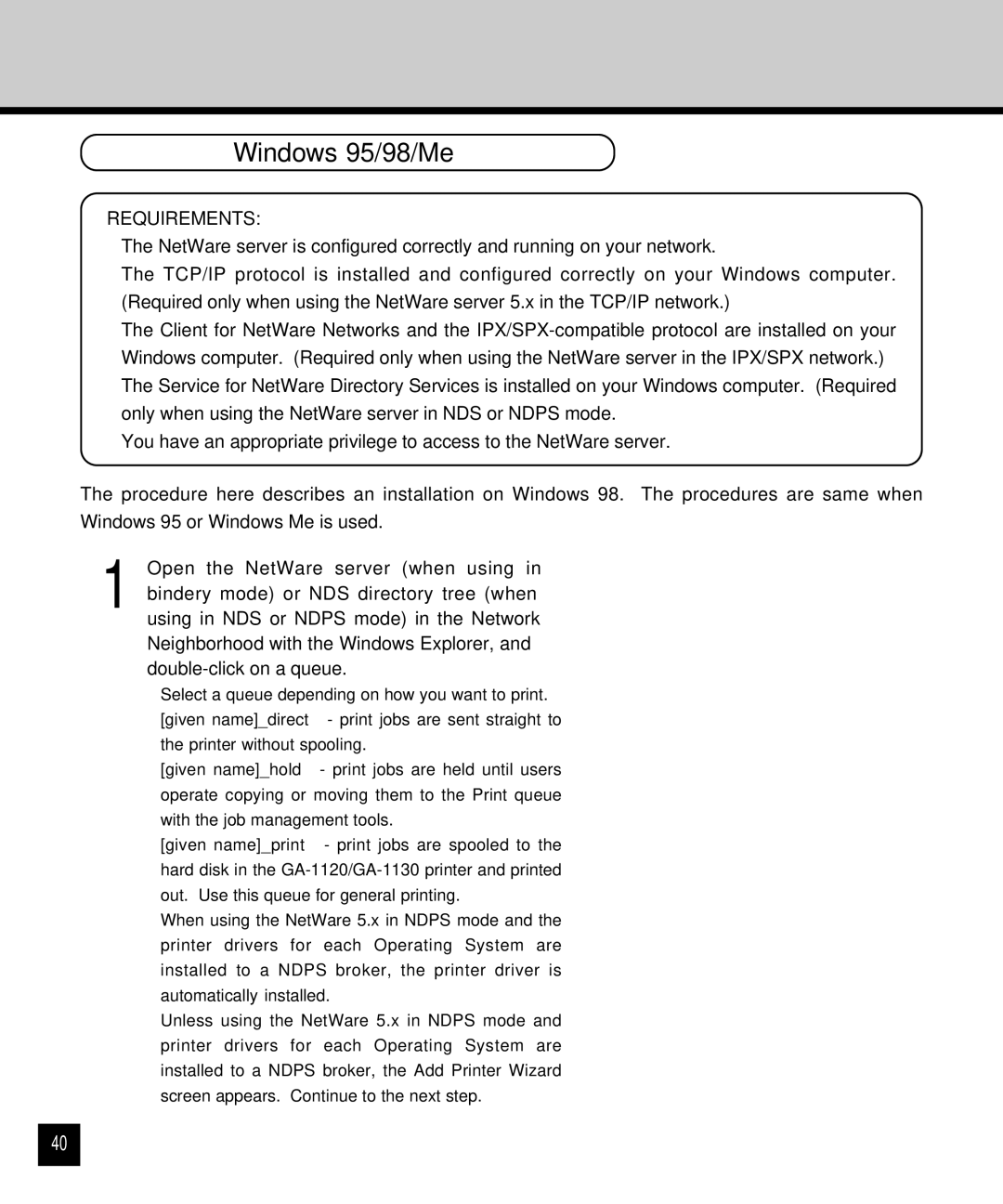 Toshiba GA-1120 setup guide Windows 95/98/Me 