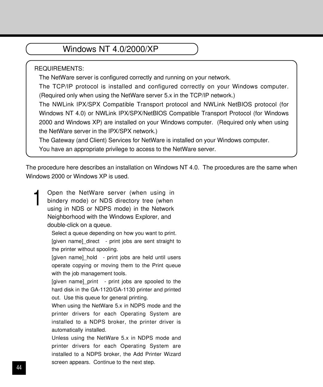 Toshiba GA-1120 setup guide Windows NT 4.0/2000/XP 