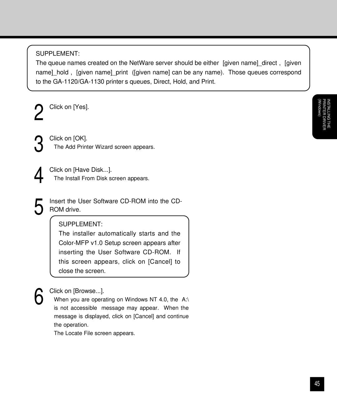 Toshiba GA-1120 setup guide Printer Driver Installing 