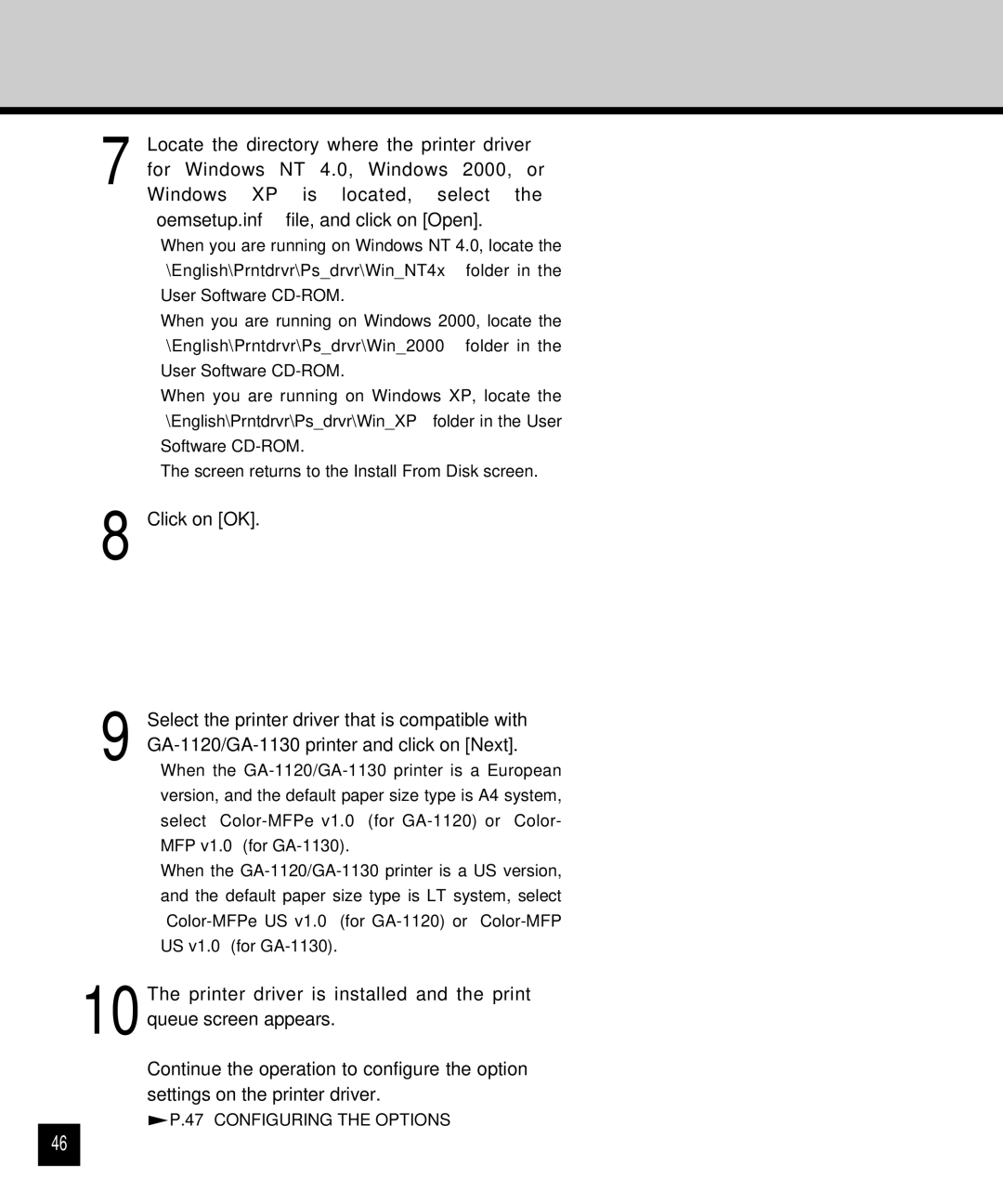 Toshiba GA-1120 setup guide Configuring the Options 