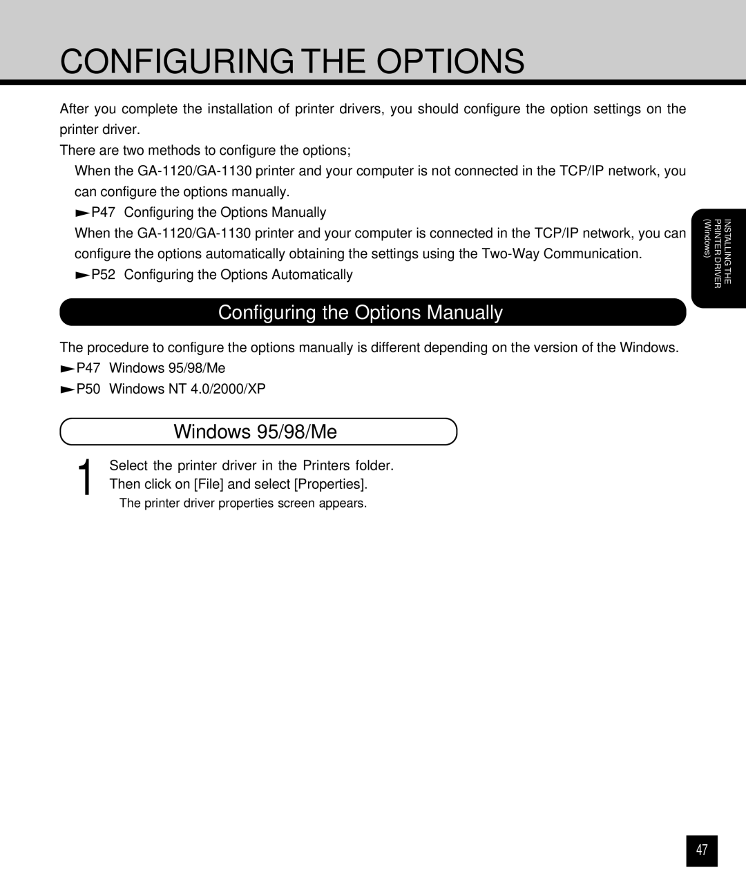 Toshiba GA-1120 setup guide Configuring the Options Manually 