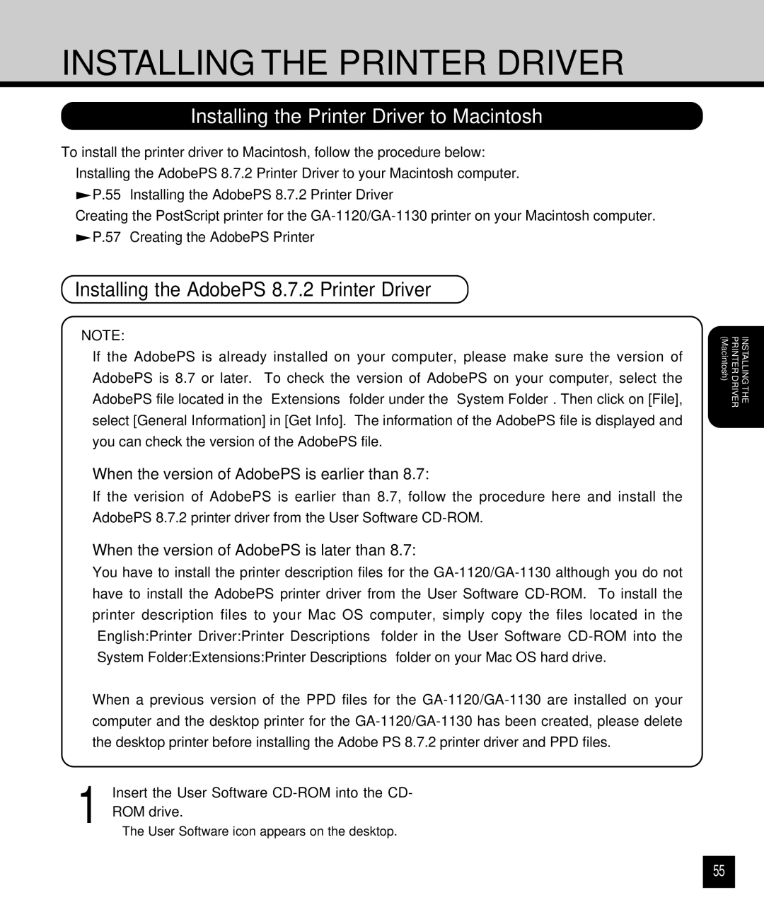 Toshiba GA-1120 setup guide Installing the Printer Driver to Macintosh, Installing the AdobePS 8.7.2 Printer Driver 