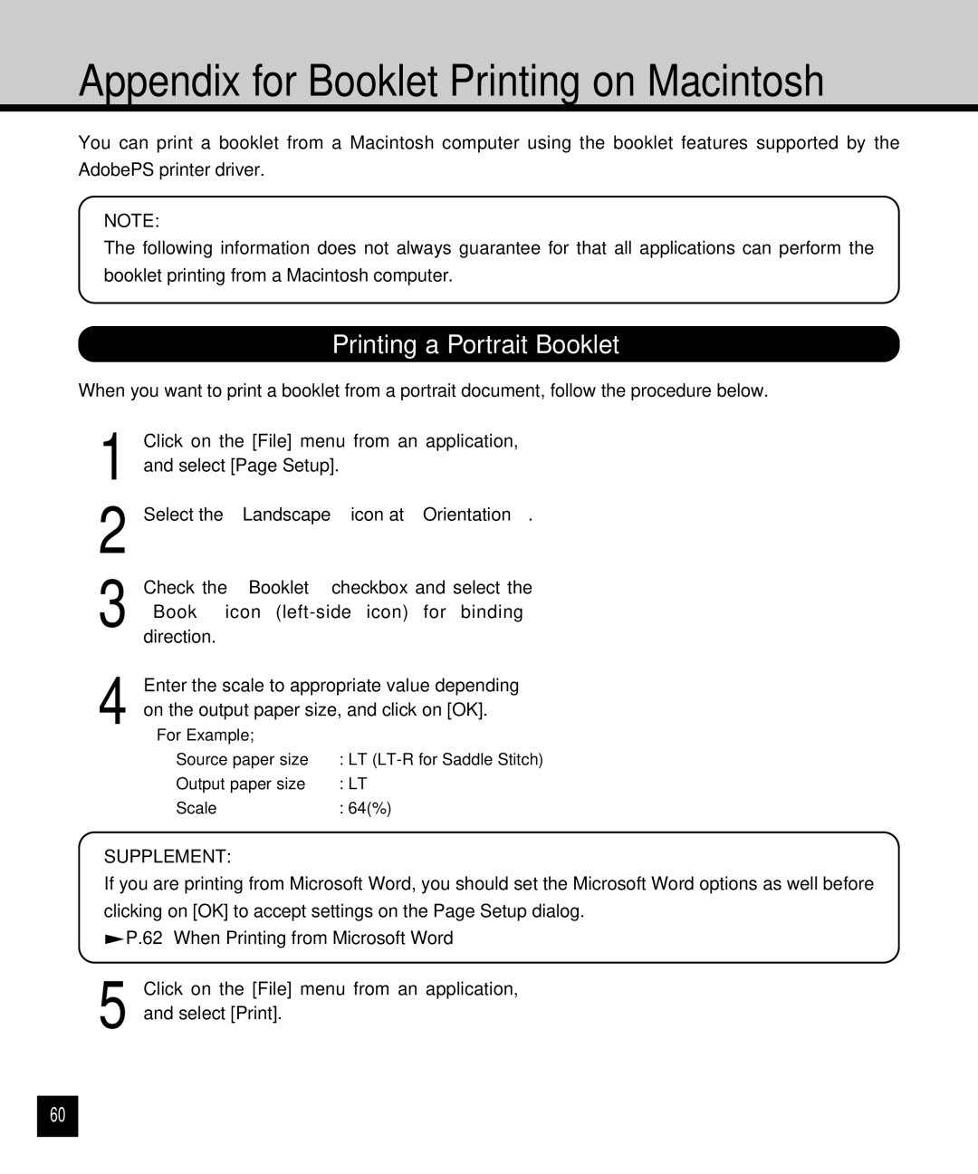 Toshiba GA-1120 setup guide Appendix for Booklet Printing on Macintosh, Printing a Portrait Booklet 