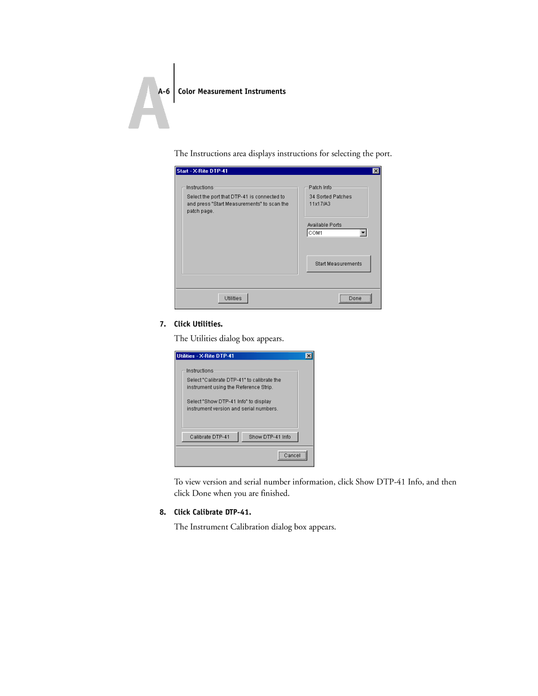 Toshiba GA-1121 manual AA-6 Color Measurement Instruments, Click Utilities, Click Calibrate DTP-41 