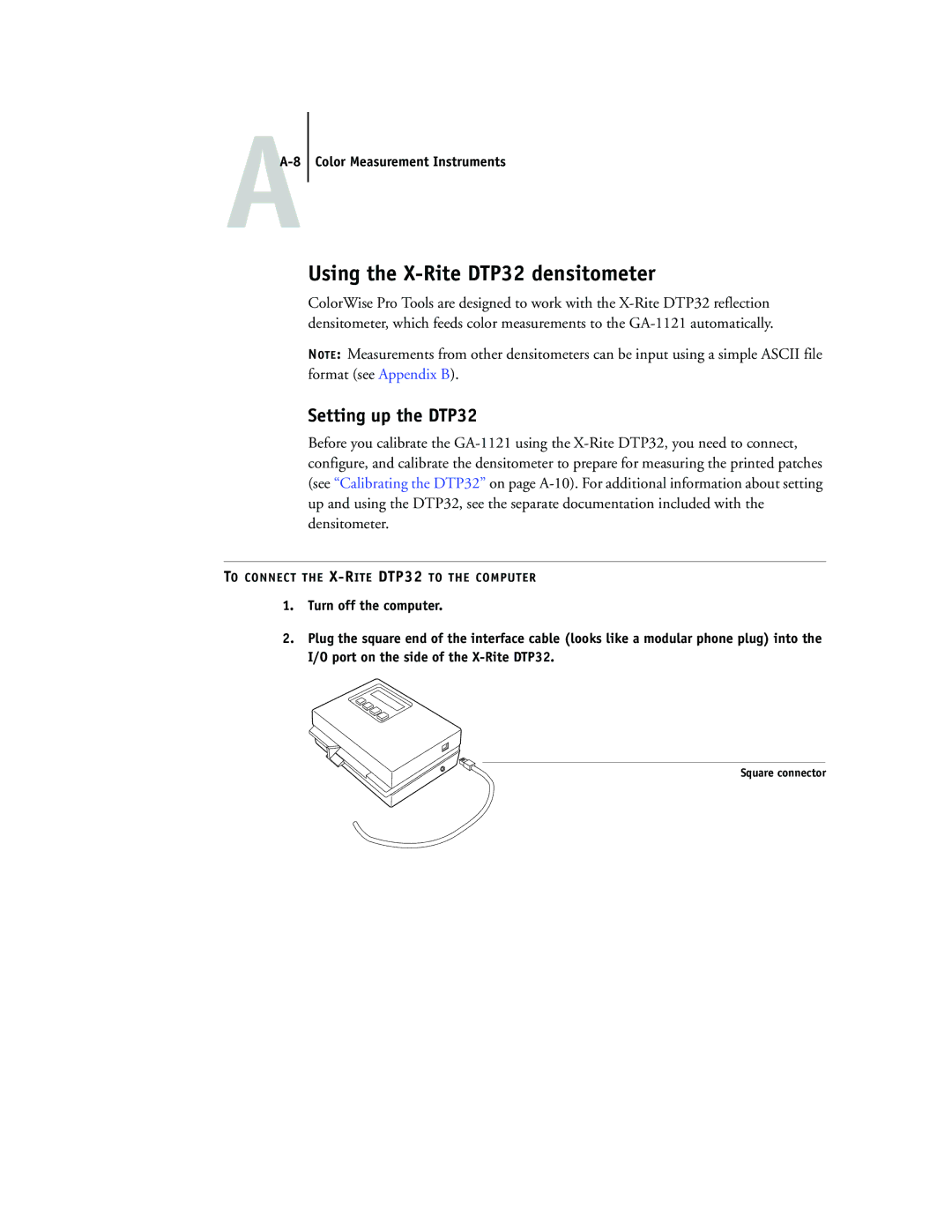 Toshiba GA-1121 manual Using the X-Rite DTP32 densitometer, Setting up the DTP32, AA-8 Color Measurement Instruments 