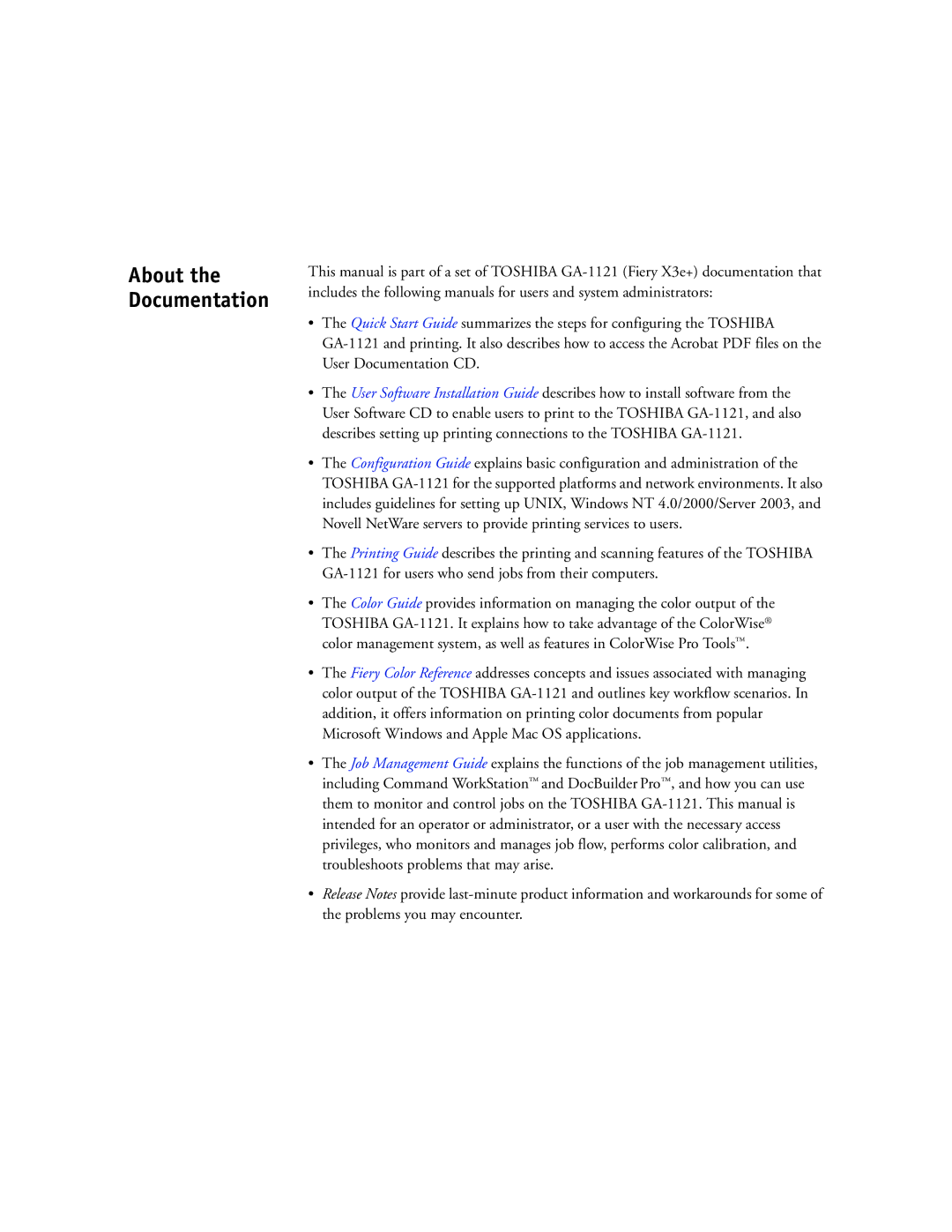 Toshiba GA-1121 manual About the Documentation 