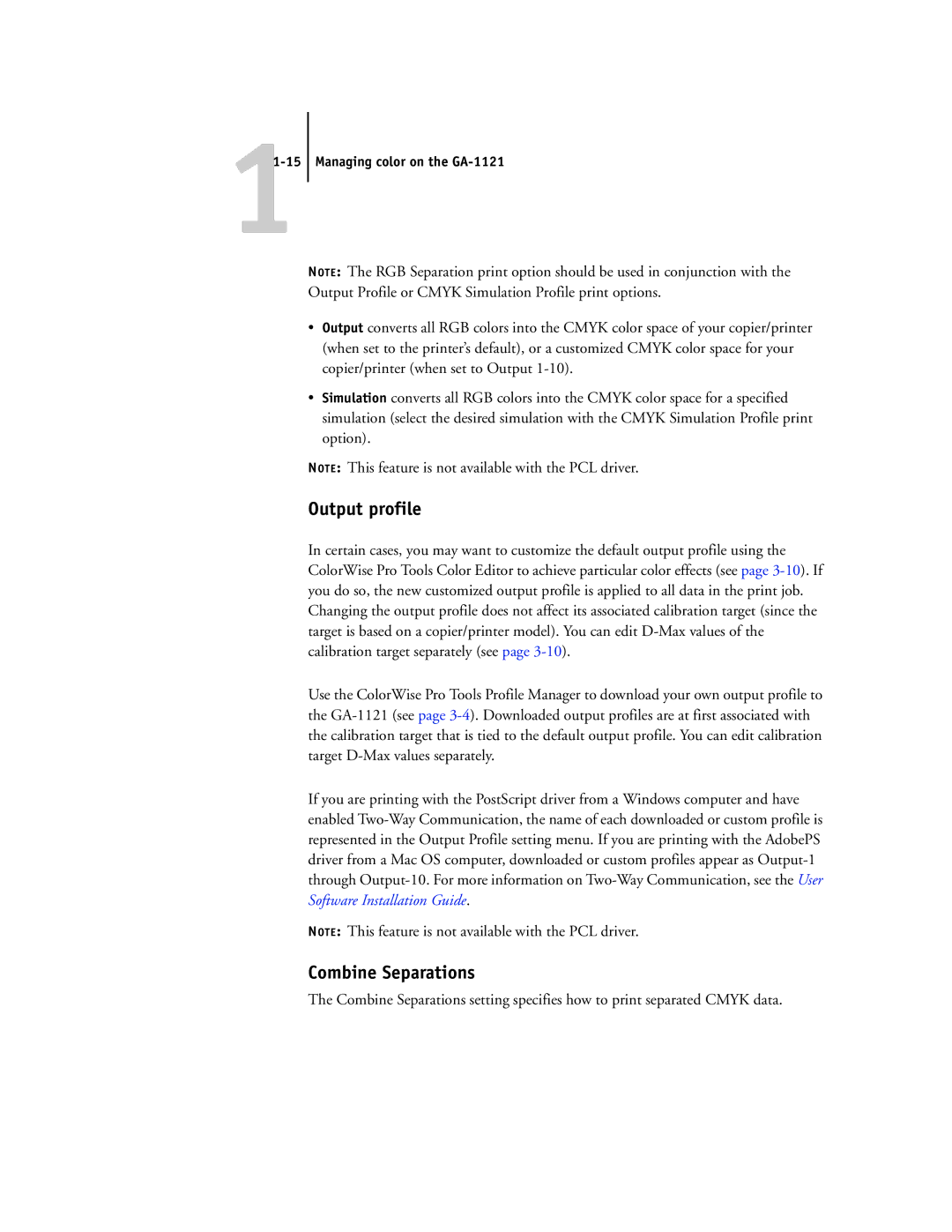 Toshiba manual Output profile, Combine Separations, Managing color on the GA-1121 