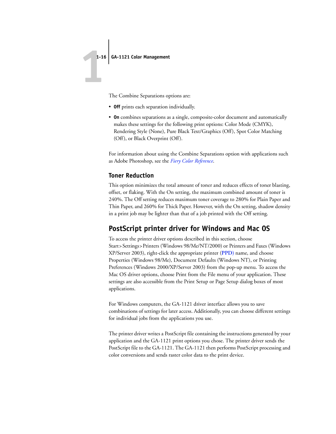 Toshiba manual PostScript printer driver for Windows and Mac OS, Toner Reduction, 11-16 GA-1121 Color Management 