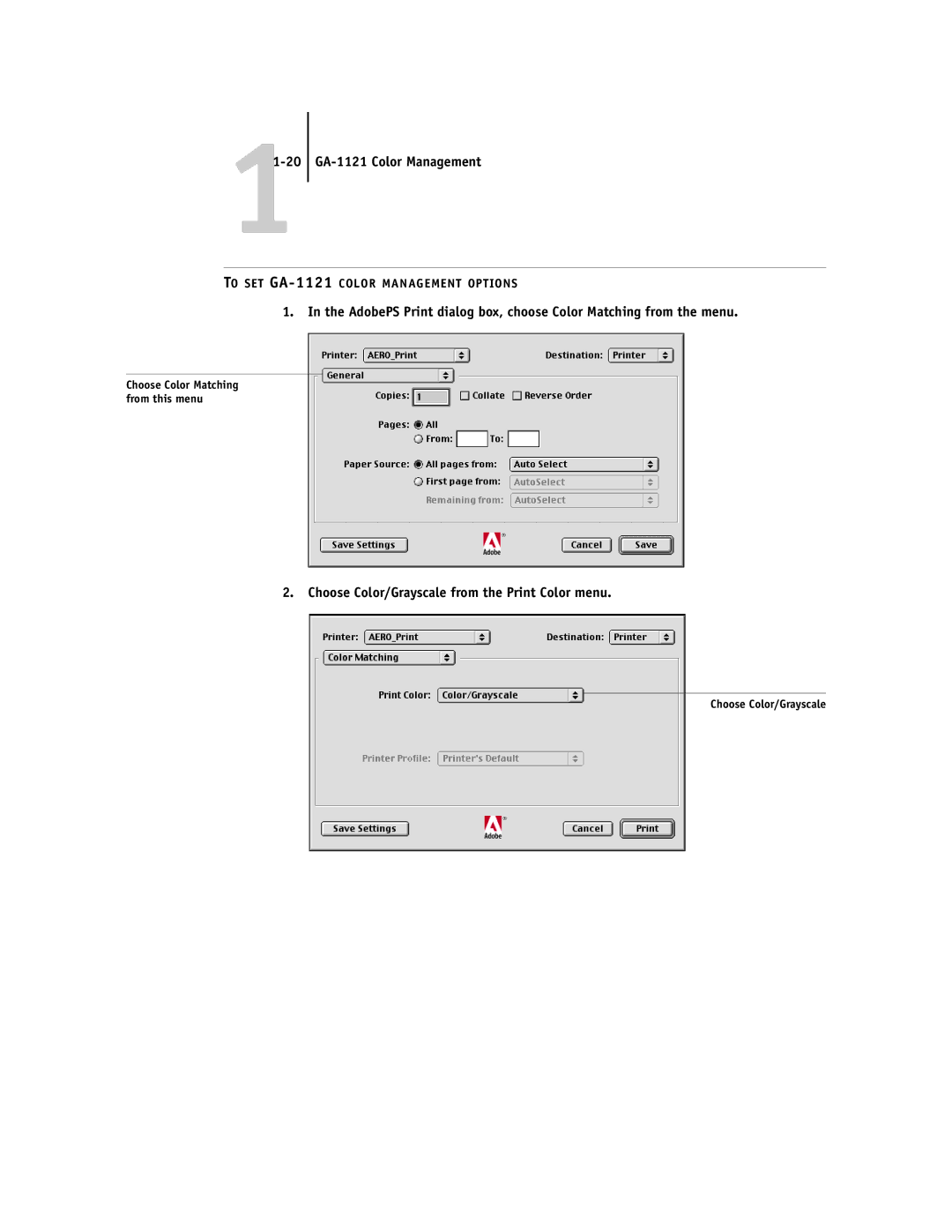 Toshiba manual 11-20 GA-1121 Color Management, Choose Color/Grayscale from the Print Color menu 