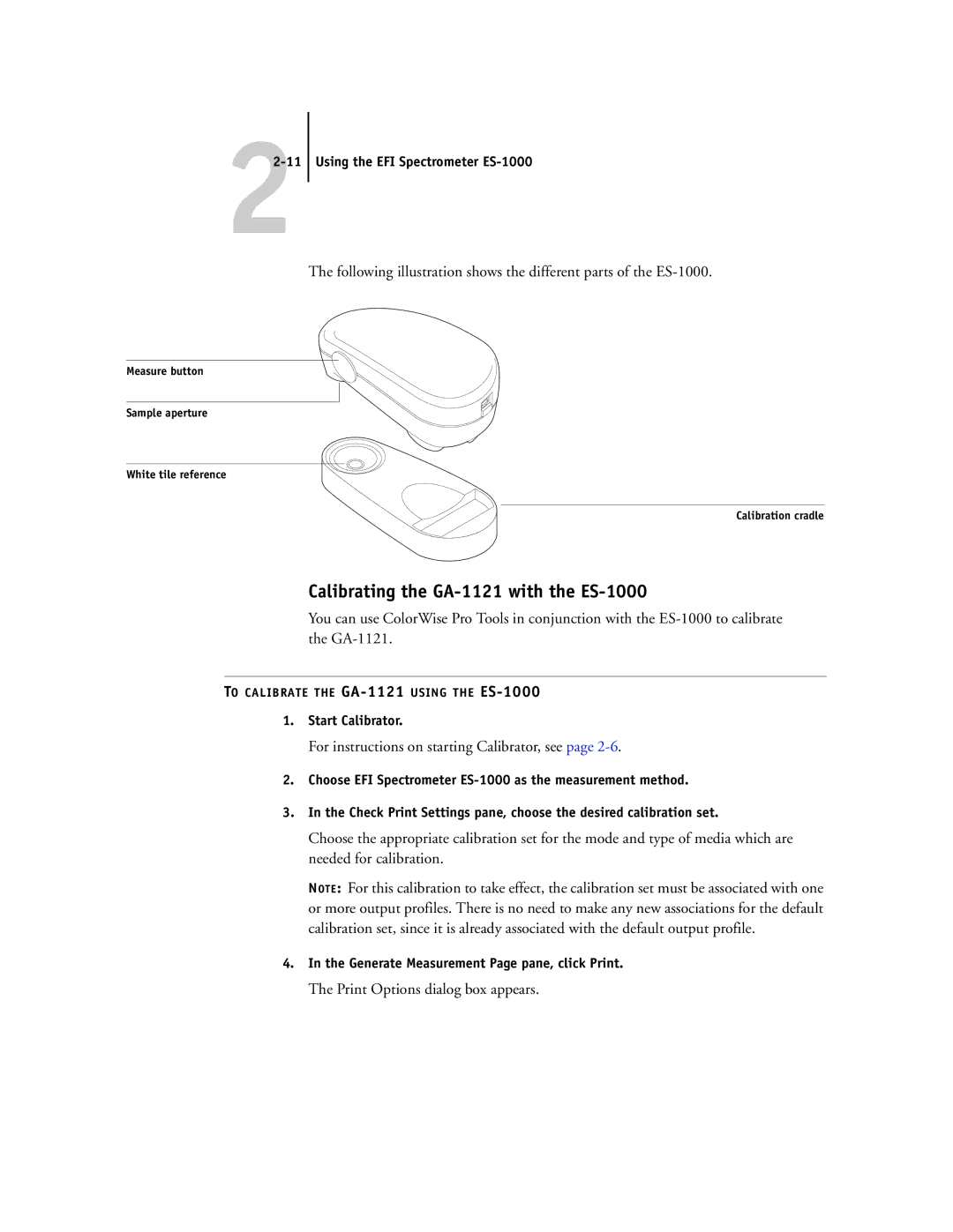 Toshiba manual Calibrating the GA-1121 with the ES-1000, Using the EFI Spectrometer ES-1000, Start Calibrator 