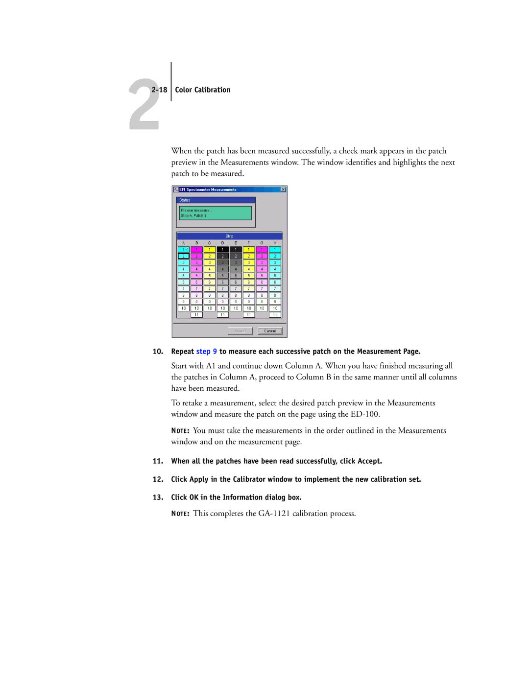 Toshiba GA-1121 manual Color Calibration, Repeat to measure each successive patch on the Measurement 