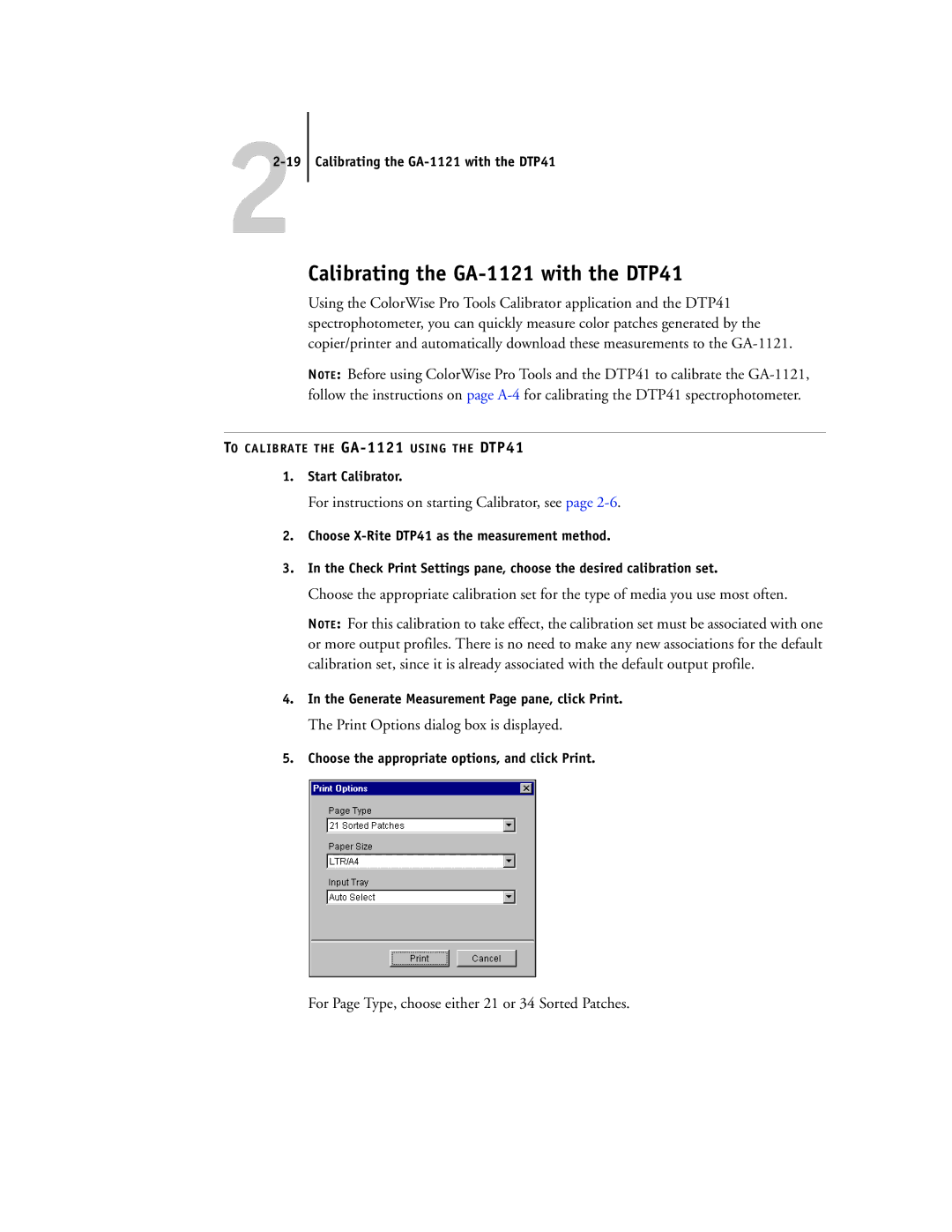 Toshiba manual Calibrating the GA-1121 with the DTP41, Choose the appropriate options, and click Print 