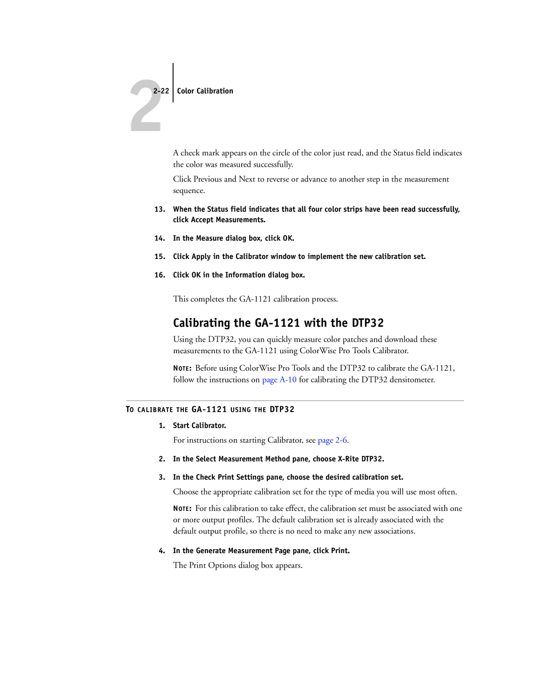 Toshiba manual Calibrating the GA-1121 with the DTP32, Color Calibration 