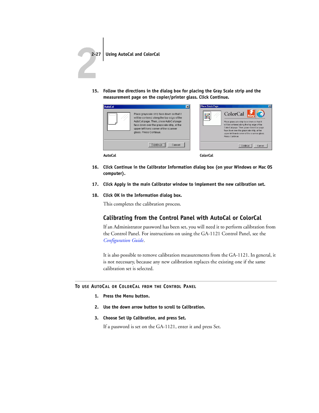 Toshiba GA-1121 manual Calibrating from the Control Panel with AutoCal or ColorCal 