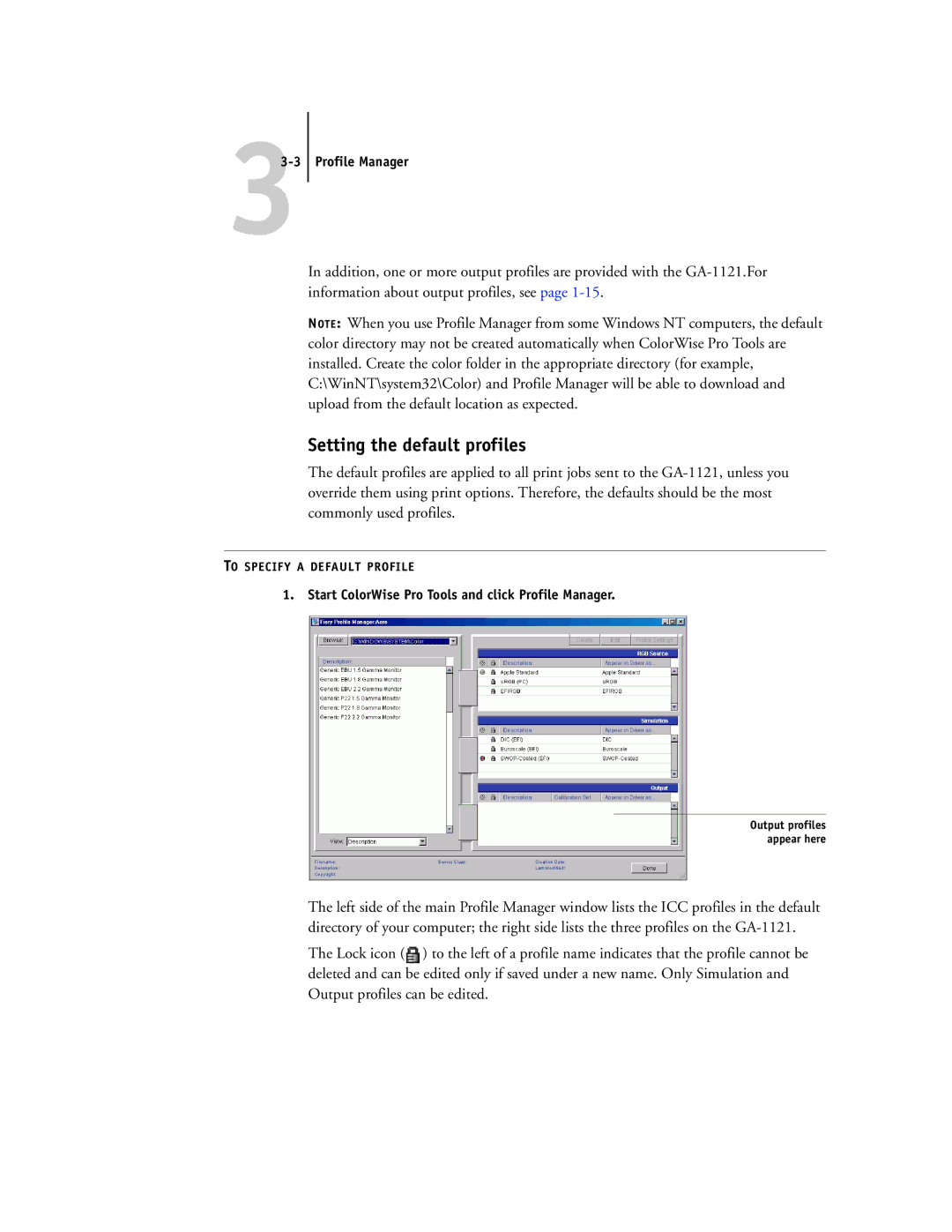 Toshiba GA-1121 manual Setting the default profiles, Start ColorWise Pro Tools and click Profile Manager 