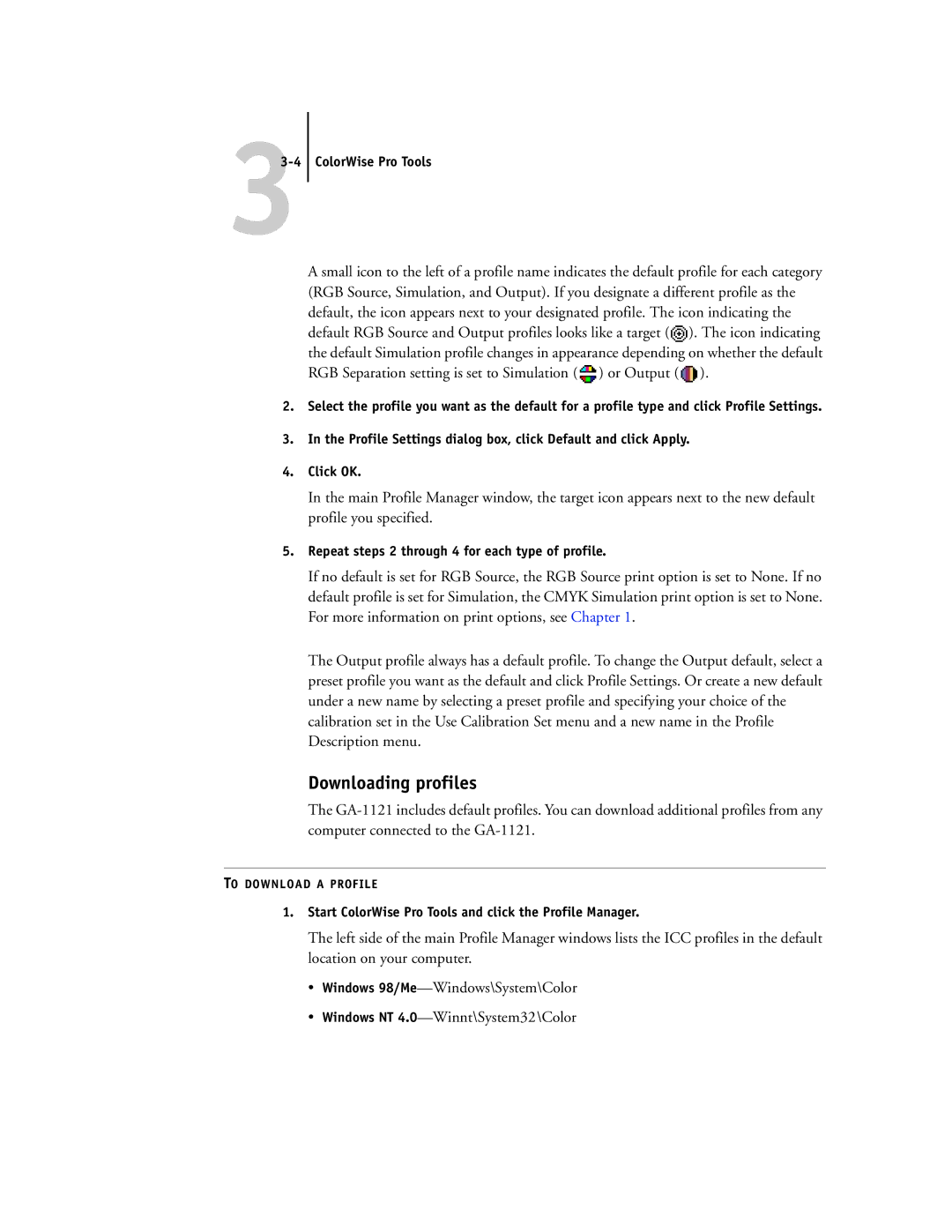 Toshiba GA-1121 manual Downloading profiles, ColorWise Pro Tools, Repeat steps 2 through 4 for each type of profile 