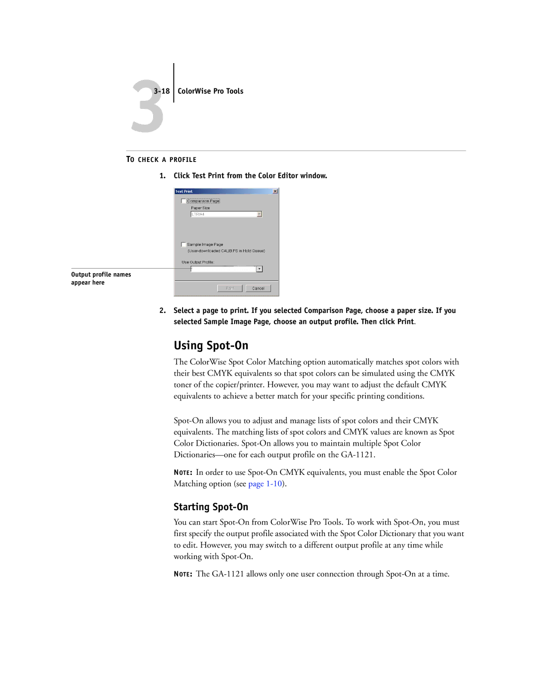 Toshiba GA-1121 manual Using Spot-On, Starting Spot-On, ColorWise Pro Tools, Click Test Print from the Color Editor window 