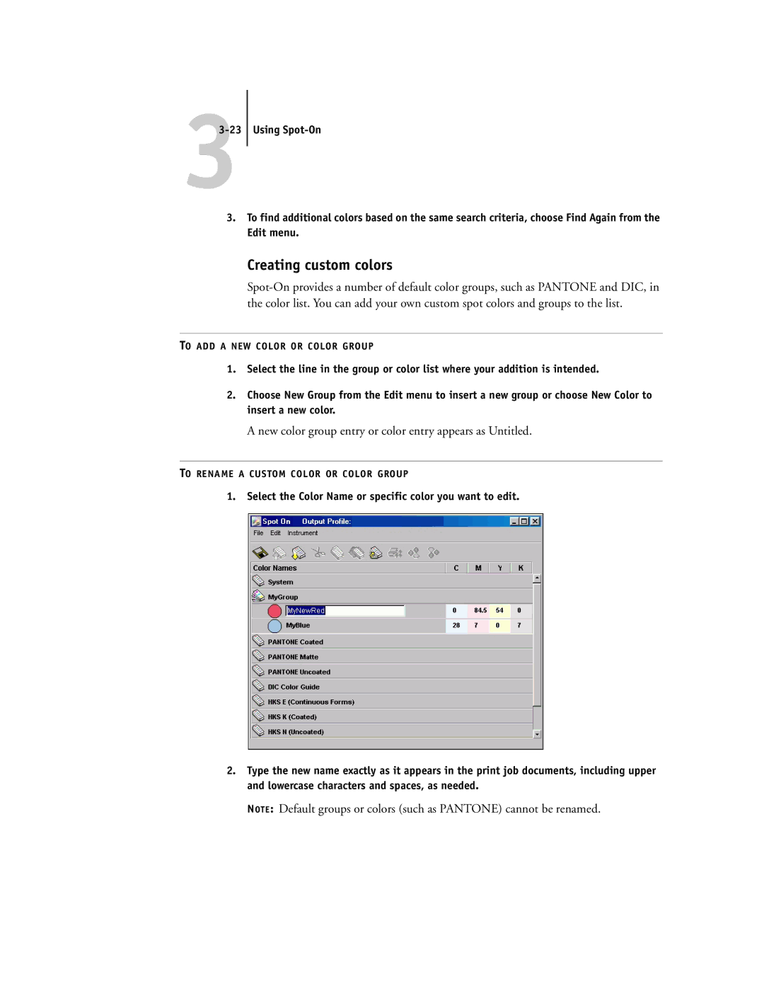 Toshiba GA-1121 manual Creating custom colors, New color group entry or color entry appears as Untitled 