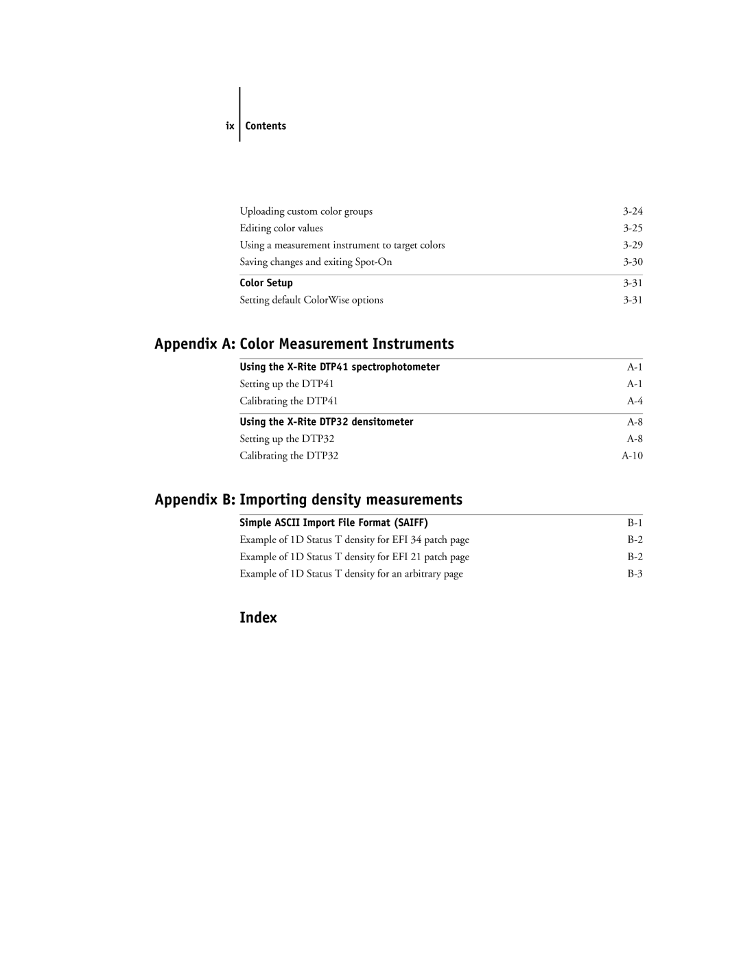 Toshiba GA-1121 manual Contents, Color Setup, Using the X-Rite DTP41 spectrophotometer, Using the X-Rite DTP32 densitometer 