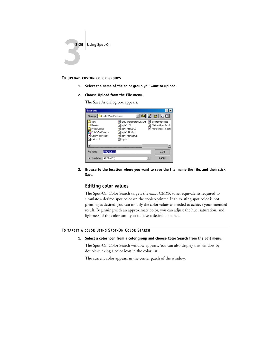 Toshiba GA-1121 manual Editing color values, Using Spot-On 