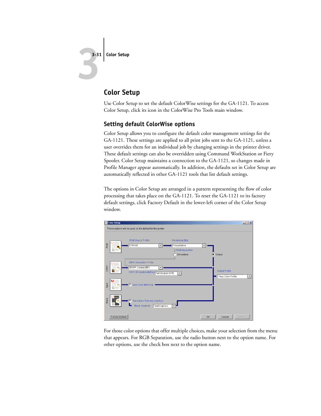 Toshiba GA-1121 manual Color Setup, Setting default ColorWise options 