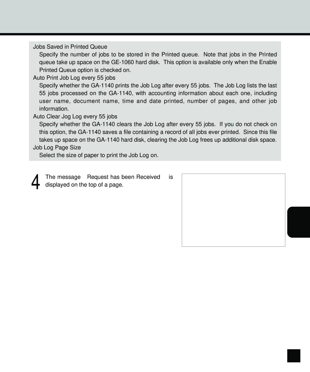 Toshiba GA-1140 manual Jobs Saved in Printed Queue, Auto Print Job Log every 55 jobs, Auto Clear Jog Log every 55 jobs 