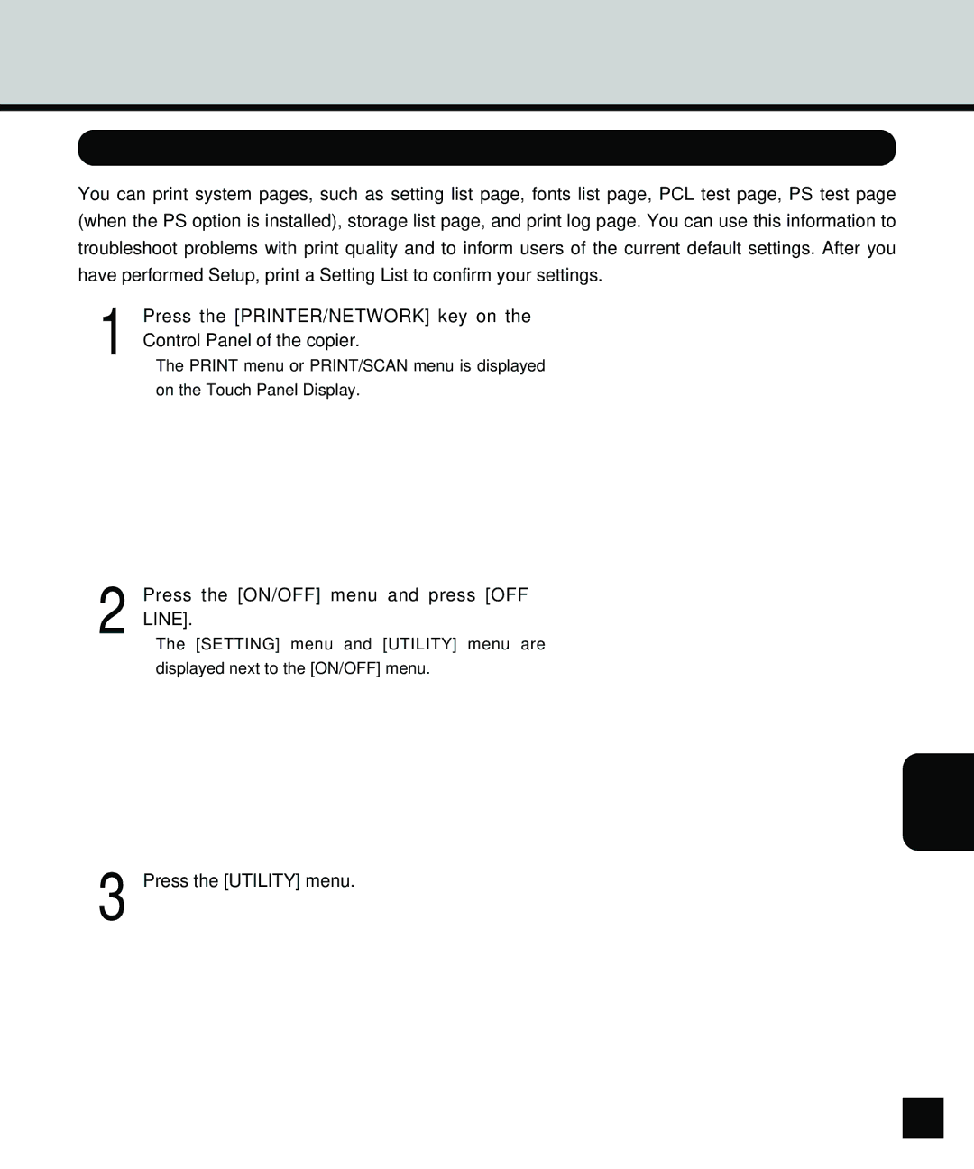 Toshiba GA-1140 manual Printing Test Pages, 103, Press the Utility menu 