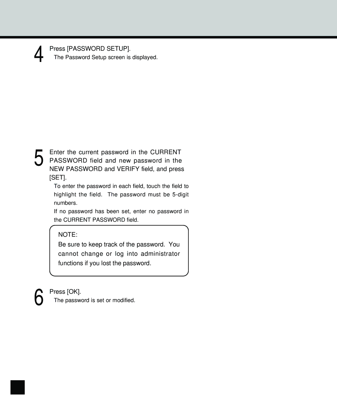 Toshiba GA-1140 manual 116, Press Password Setup 