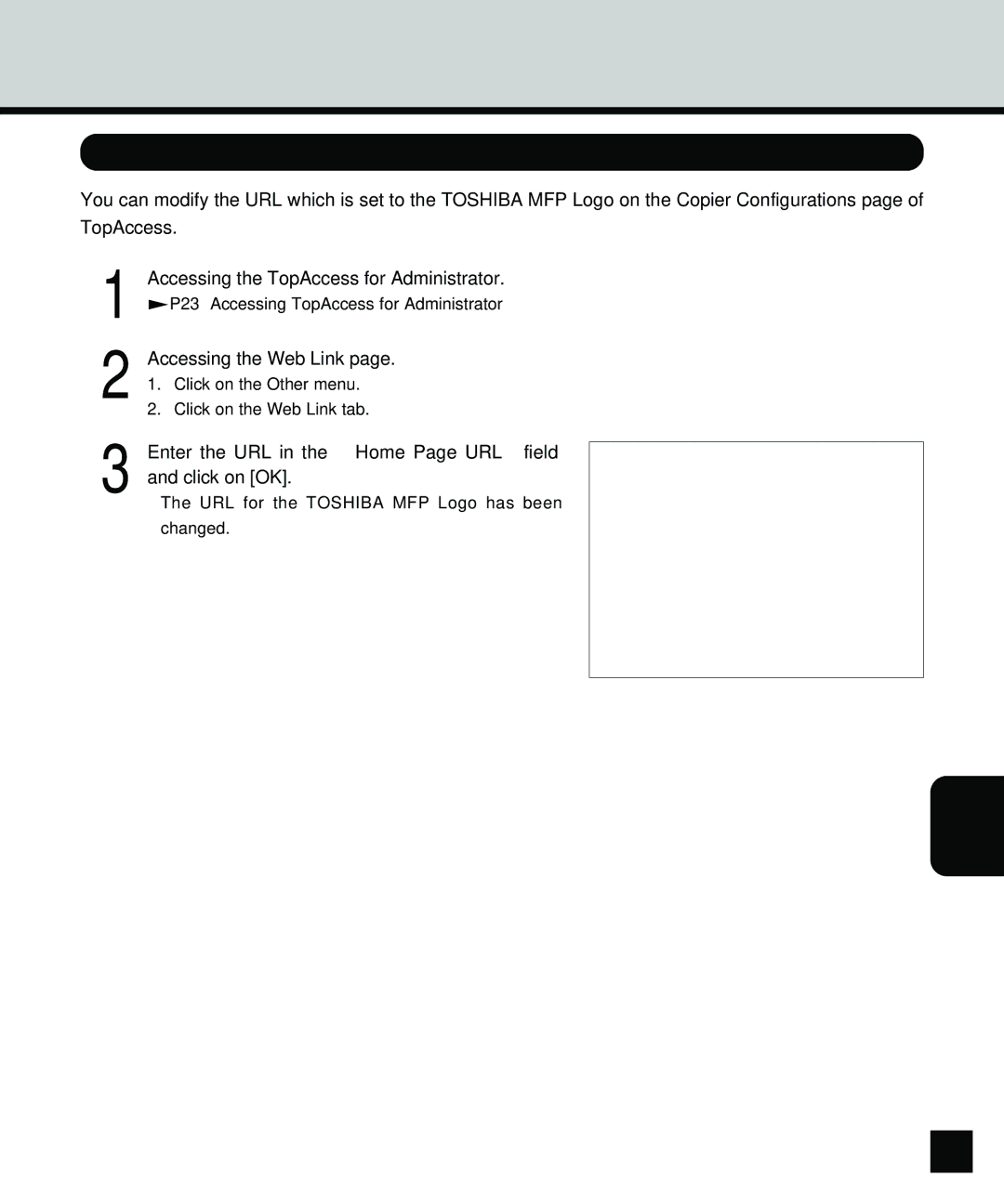 Toshiba GA-1140 manual Changing the Toshiba MFP Logo Web Link, 123, Accessing the Web Link 