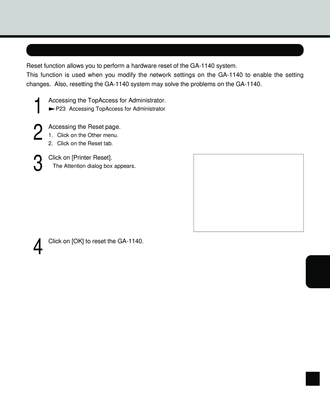 Toshiba manual 125, Click on Printer Reset Click on OK to reset the GA-1140 