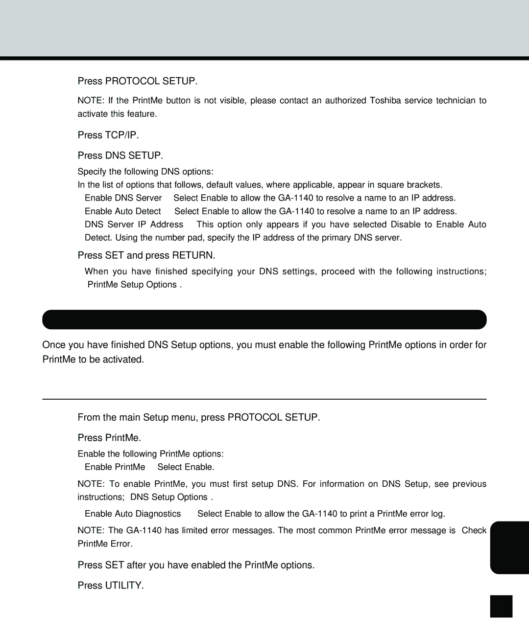 Toshiba GA-1140 PrintMe Setup Options, 137, Press Protocol Setup Press TCP/IP Press DNS Setup, Press SET and press Return 